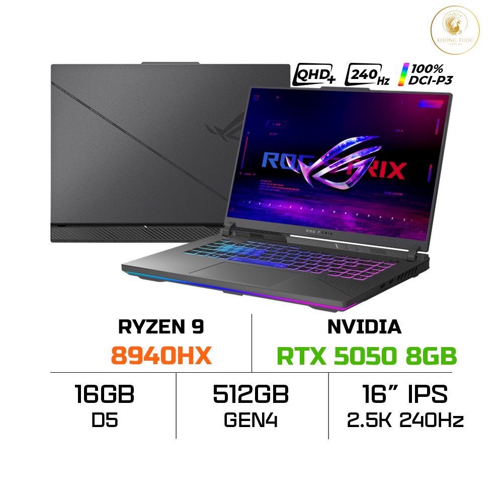 Laptop ASUS ROG Strix G16 G614PH-S5101W (Ryzen 9 8940HX, RTX 5050 8GB, Ram 16GB DDR5, SSD 512GB, 16 Inch IPS WQXGA 240Hz 100% DCI-P3, Win 11)