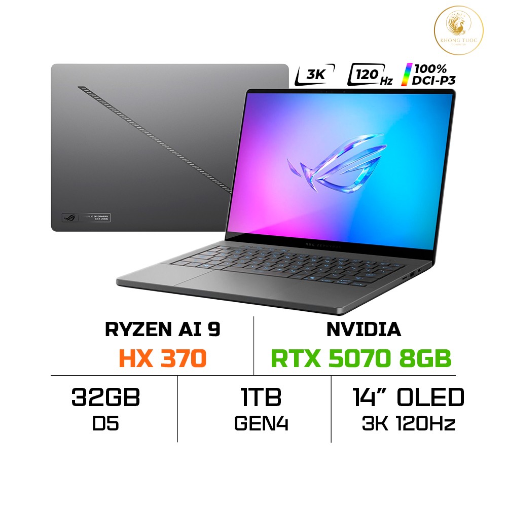 Laptop ASUS ROG Zephyrus G14 GA403WP-QS045WS (Ryzen AI 9 HX 370, RTX 5070 8GB, RAM 32GB LPDDR5X, SSD 1TB, 14 Inch OLED 3K 120Hz 100% DCI-P3, Win 11/OFFICE2024)