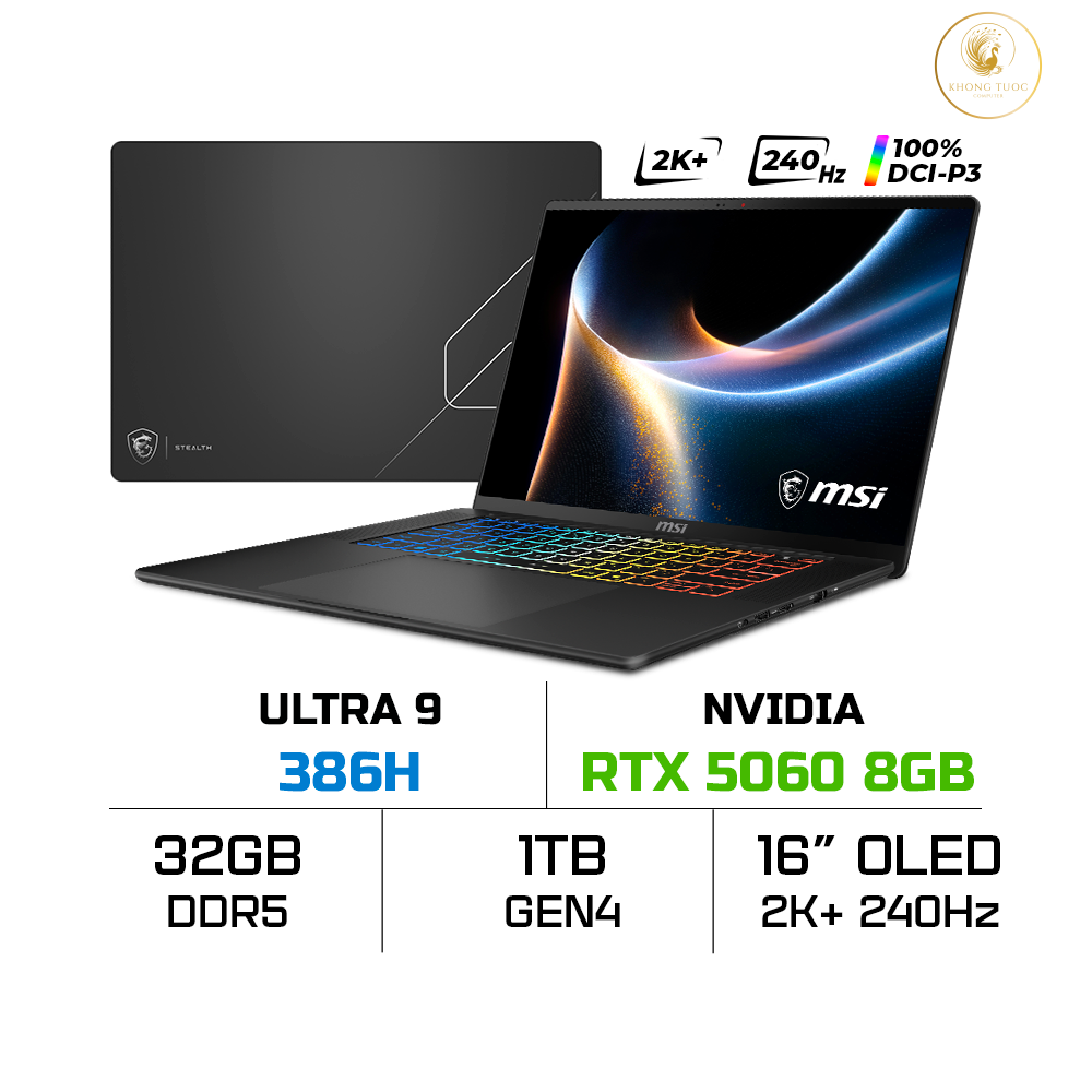 Laptop MSI Stealth 16 AI+ B3WF-007VN (Ultra 9 386H, RTX 5060 8GB, RAM 32GB DDR5, SSD 1TB, 16 Inch QHD+ OLED 240Hz, Win 11 Home)